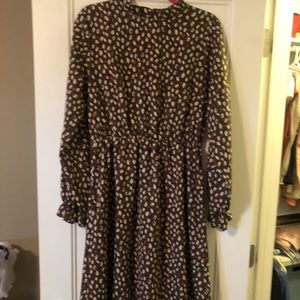 Olive speckled dress; mock turtleneck